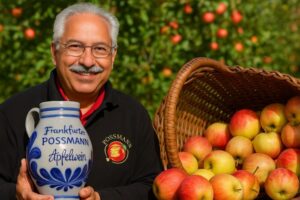 Traditioneller Apfelwein aus Frankfurt: Bild einer authentischen Szene mit Possmann-Kelterer, frischen &Auml;pfeln und Bembel im Apfelgarten.
