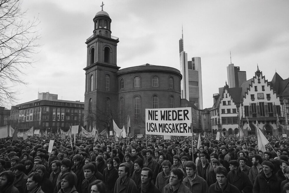 Historisches Protestbild aus Frankfurt: Schwarz-Weiß vor der Paulskirche – Symbol für Widerstand, Wandel und die Sache Frankfurt im August 2025.