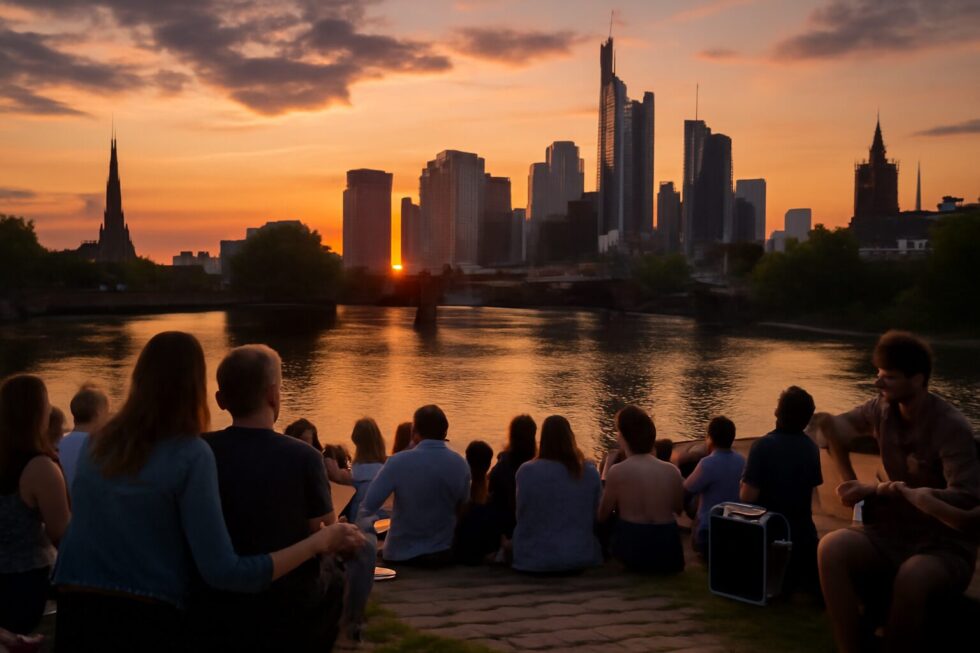 Wo kann man in Frankfurt Wein, Musik und Sonnenuntergang am Mainufer genießen