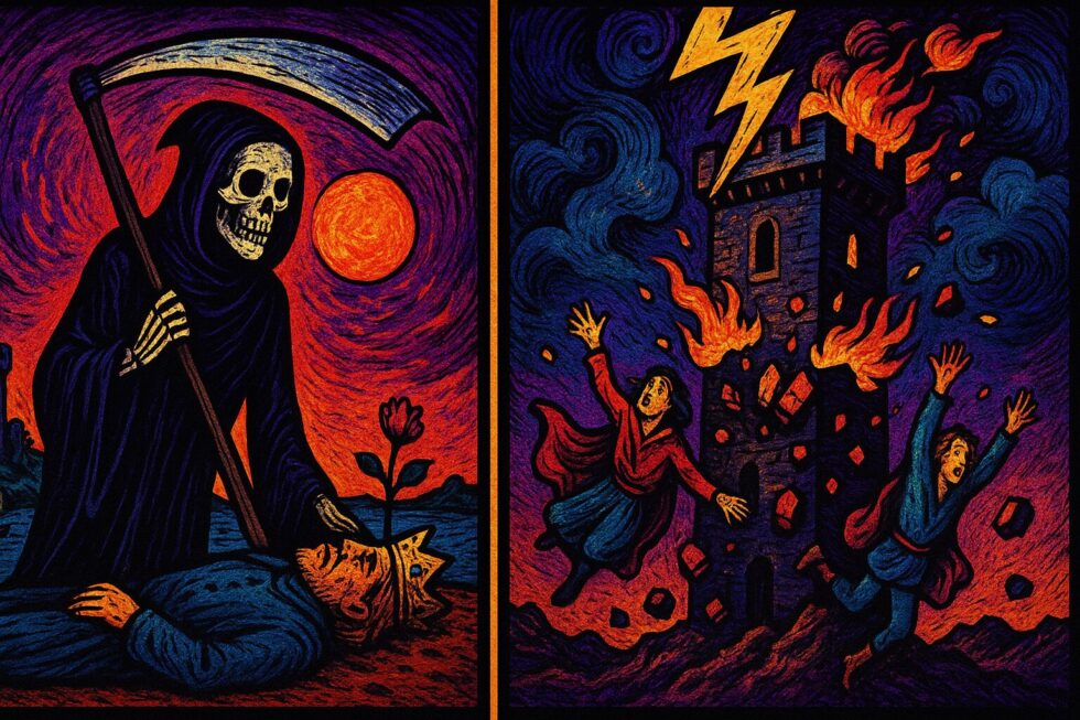 Tarot-Kombination Tod und Turm: Erfahren Sie, wie Sie diese mächtige Konstellation lesen und die Krise als Chance für Transformation und einen Neuanfang nutzen können.