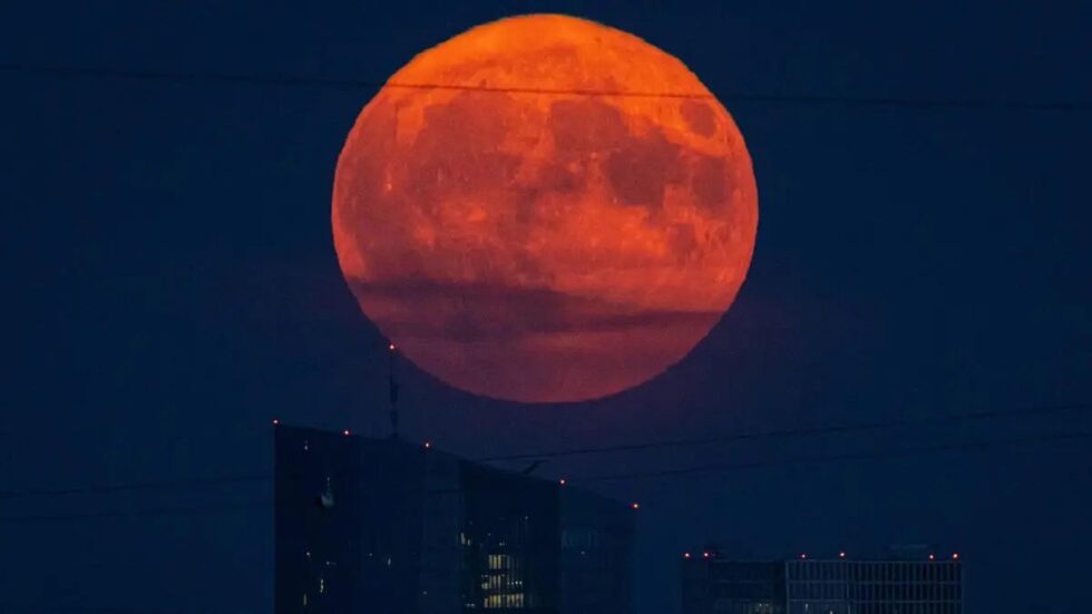 In Deutschland beginnt die totale Mondfinsternis: Der rote Mond erhebt sich am Horizont