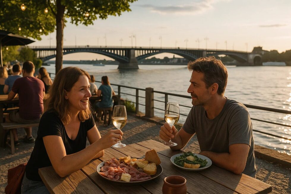 Was sind die schönsten Orte in Mainz zum Weintrinken und Schlemmen am Rhein
