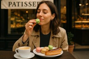 Französische Patisserien in Frankfurt: Frau kann Macarons und Éclairs genießen