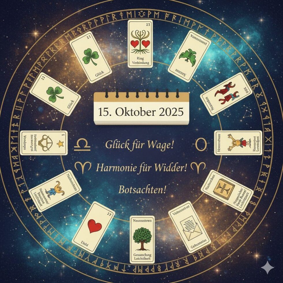 Lenormand Orakel 15. Oktober 2025: Glück für Waage! Harmonie für Widder & Botschaften.