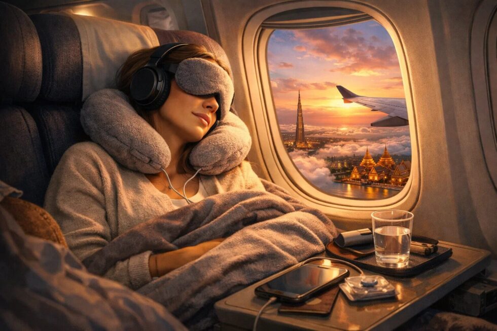 Schlafen im Flugzeug auf Langstreckenflügen wie Frankfurt-Bangkok. Entdecken Sie Tipps zu Sitzplatzpreisen, Ernährung und Hilfsmitteln für erholsame Nachtruhe