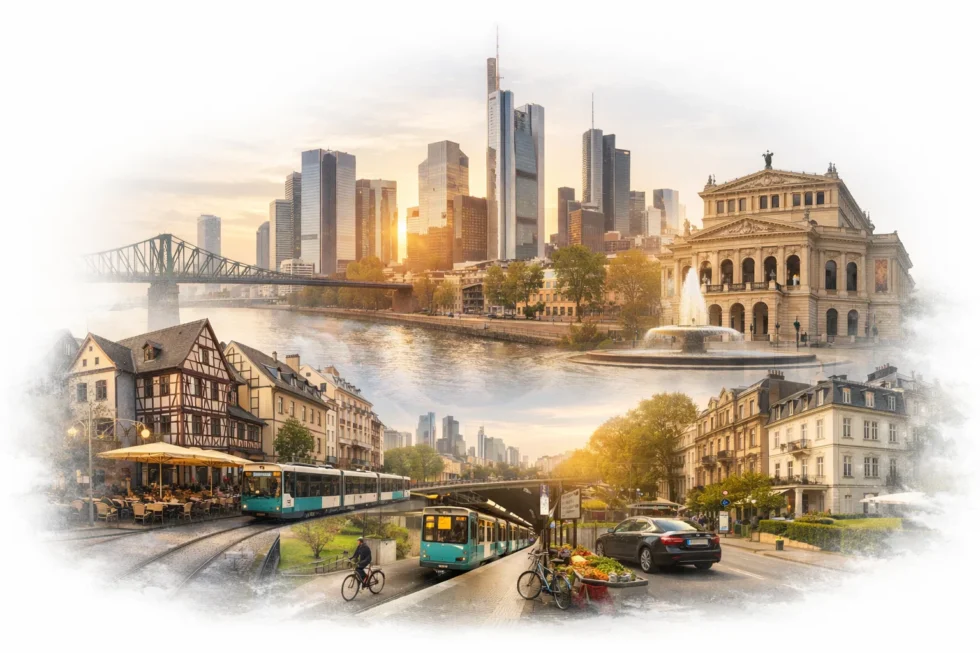 Vergleich der Frankfurter Stadtteile Sachsenhausen, Bornheim und Westend: Wohnen, Mietpreise, Infrastruktur, Verkehr und Lebensqualität in einer strukturierten Übersicht.