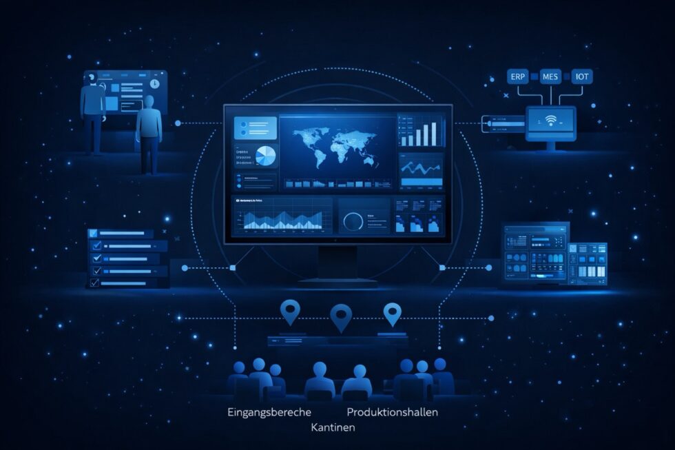 Digital Signage Software als zentrales Element der Unternehmenskommunikation zeigt, mit vernetzten Bildschirmen in Büros, Produktionsbereichen und Gemeinschaftszonen zur zentralen Steuerung von Informationen