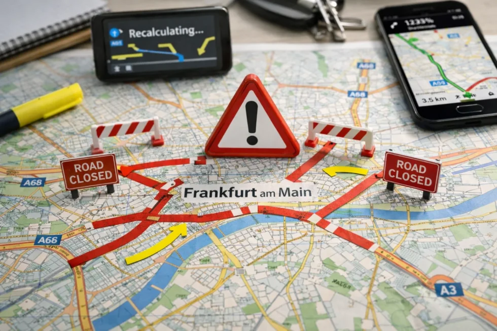 Detaillierte Übersicht der Straßensperrungen in Frankfurt im April 2026. Infos zur Miquelallee, Friedensbrücke und Umleitungen. Planen Sie Ihre Route mit aktuellen Verkehrsdaten und P+R-Tipps.