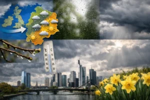 Wetter morgen 14 April in Frankfurt und Hessen bringt Wolken, Schauer und 10&ndash;15&deg;C, da der DWD eine stabile Westlage mit k&uuml;hler Atlantikluft und wechselhaftem Aprilwetter best&auml;tigt