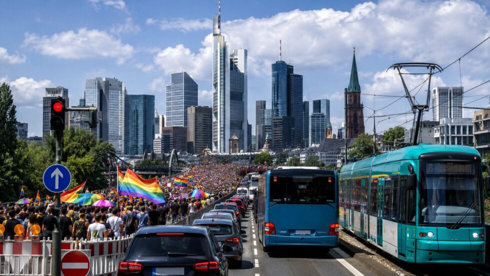 Frankfurt erwartet heute wegen der CSD-Parade und weiterer Demonstrationen erhebliche Verkehrsbehinderungen. Diese Straßen, Busse und Straßenbahnen sind betroffen.
